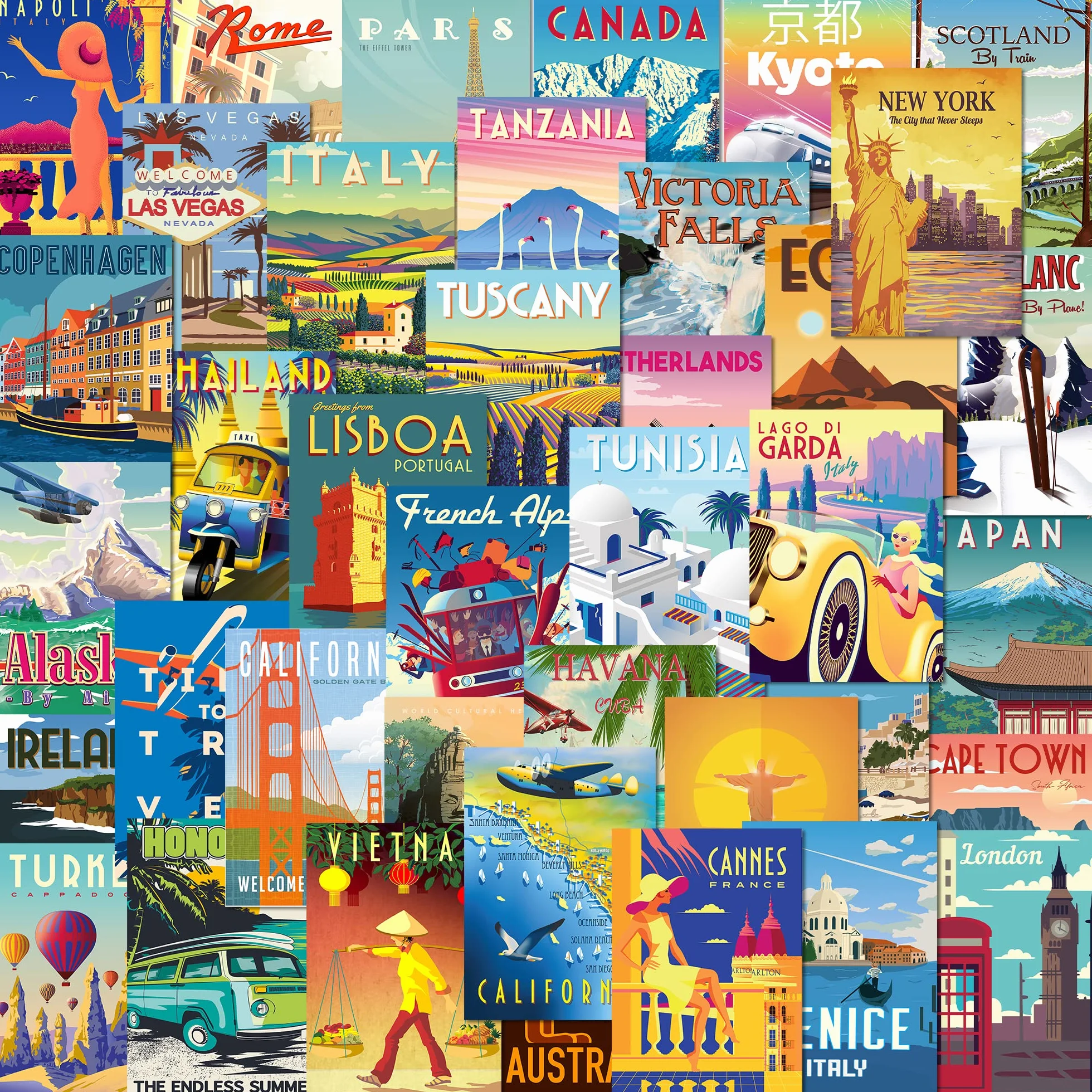 Olivia Samuel 40 cartoline retrò miste da molte destinazioni di viaggio popolari ed esotiche in colori vivaci. Stampate nel Regno Unito su carta spessa ecologica da 300 g/m².