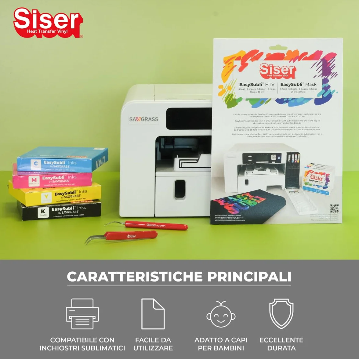 Siser Easy Subli pack 5+5, vinile termotrasferibile termoadesivo stampabile con stampanti ad inchiostri sublimatici. 5 fogli formato a4 di Easy subli e 5 fogli formato A4 di application tape