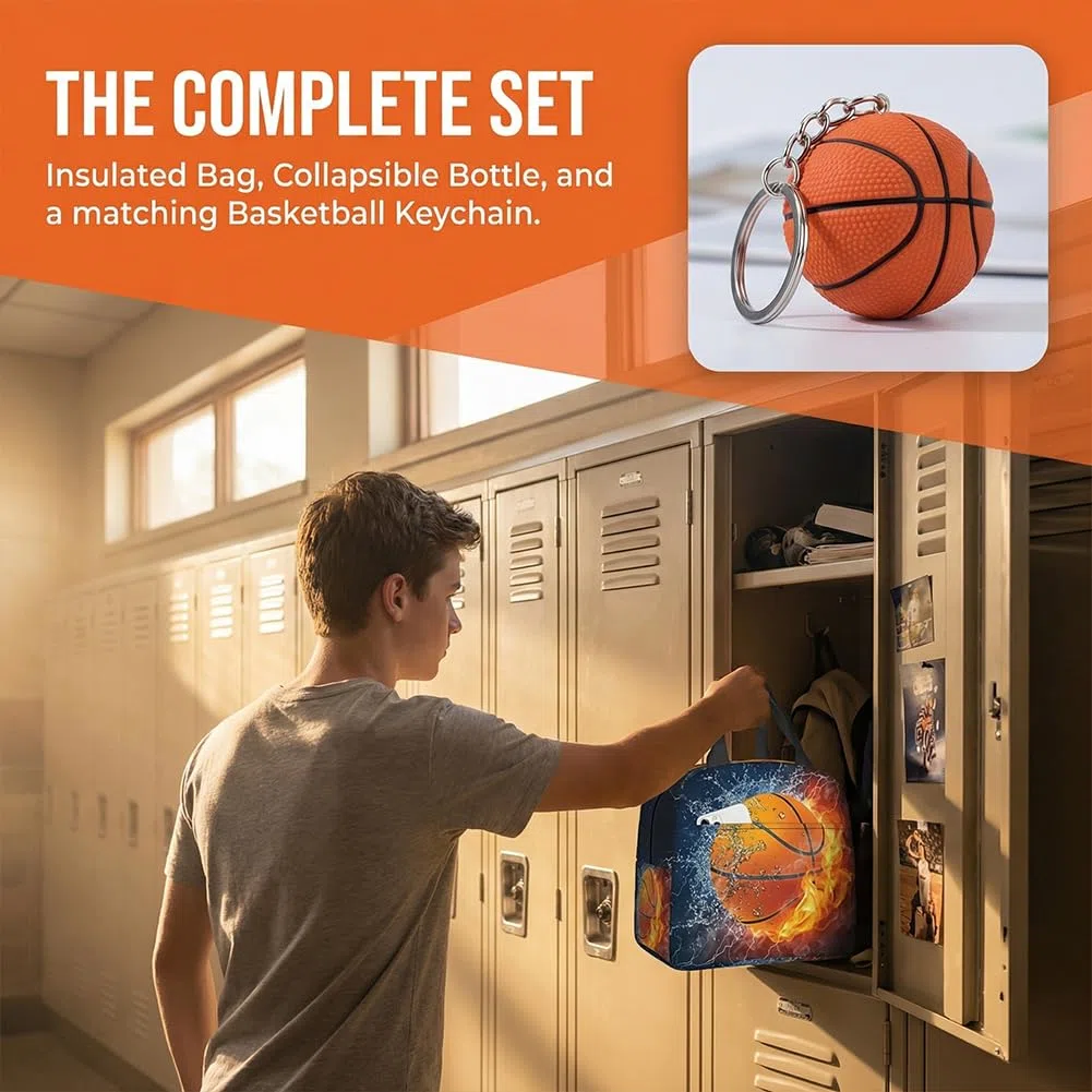 Basket Borsa da pranzo, Borraccia pieghevole a tema Pallacanestro & portachiavi, Tessuto Oxford, 550ML, senza BPA, per sport, Borsa Termica per Alimenti, per Studenti Scuola Picnic Cibo Bevanda Frutta
