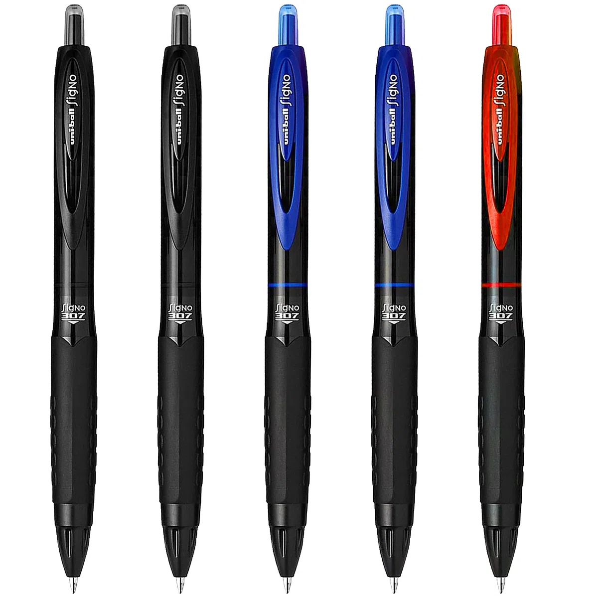 Uni-Ball Signo 307 UMN-307 - Penna a sfera retrattile fine, confezione da 5, 2 x nero, 2 x inchiostro blu e rosso