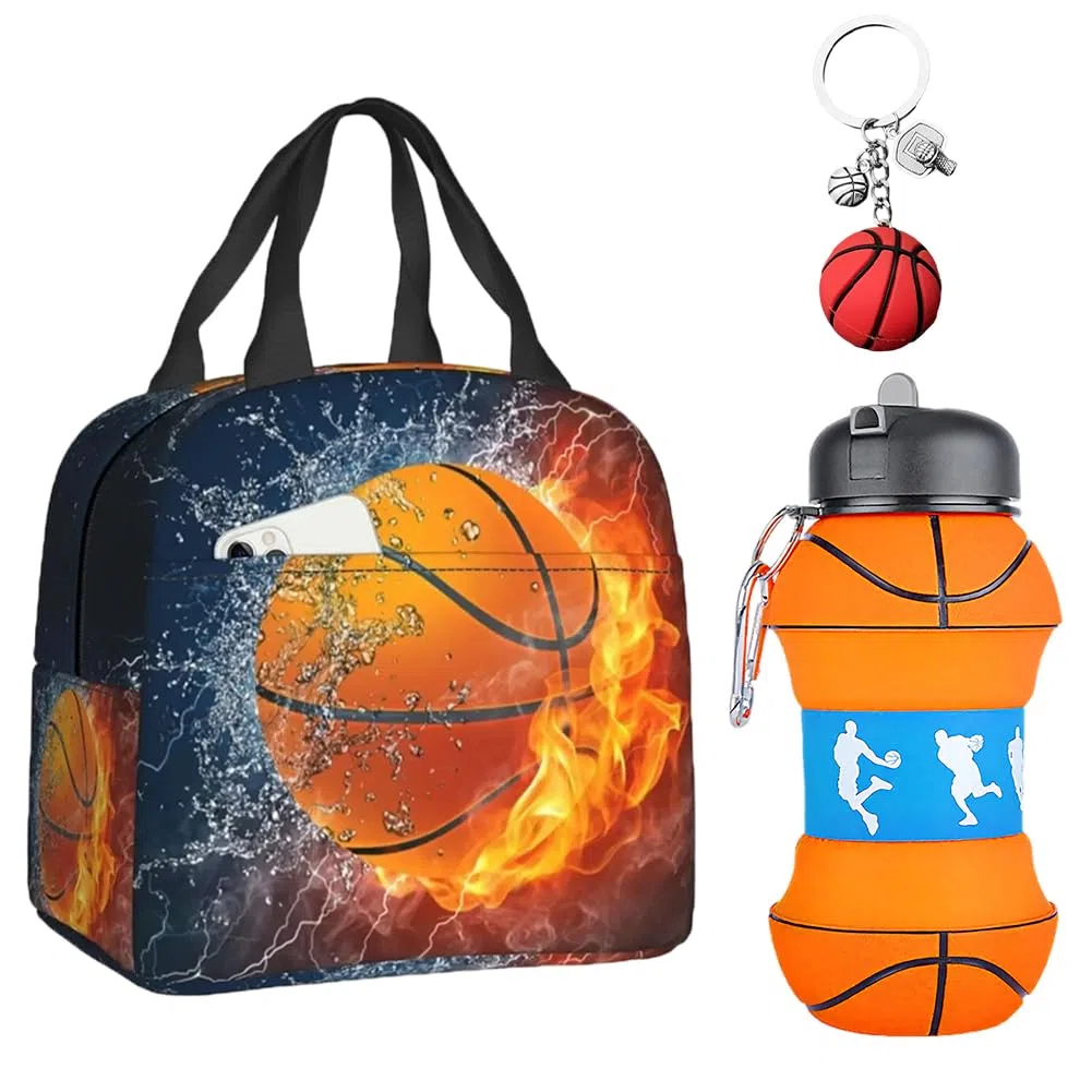 Basket Borsa da pranzo, Borraccia pieghevole a tema Pallacanestro & portachiavi, Tessuto Oxford, 550ML, senza BPA, per sport, Borsa Termica per Alimenti, per Studenti Scuola Picnic Cibo Bevanda Frutta
