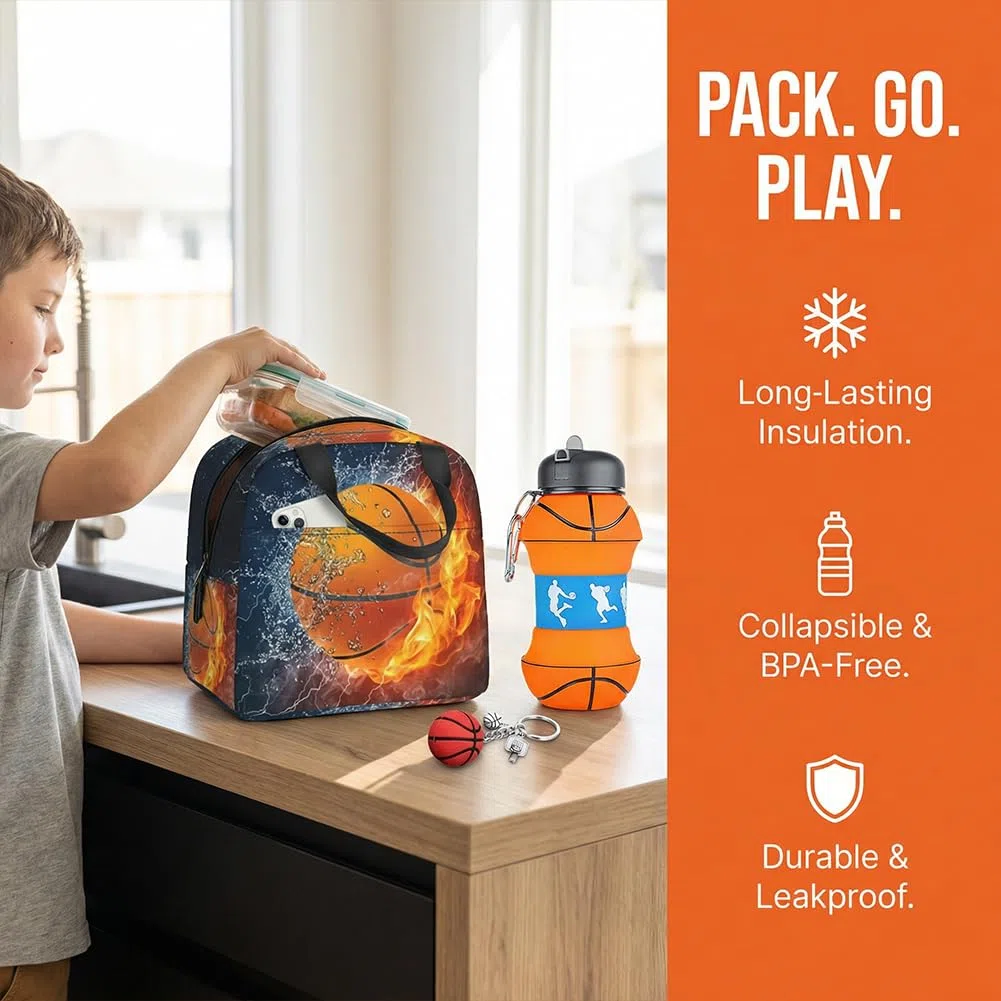 Basket Borsa da pranzo, Borraccia pieghevole a tema Pallacanestro & portachiavi, Tessuto Oxford, 550ML, senza BPA, per sport, Borsa Termica per Alimenti, per Studenti Scuola Picnic Cibo Bevanda Frutta