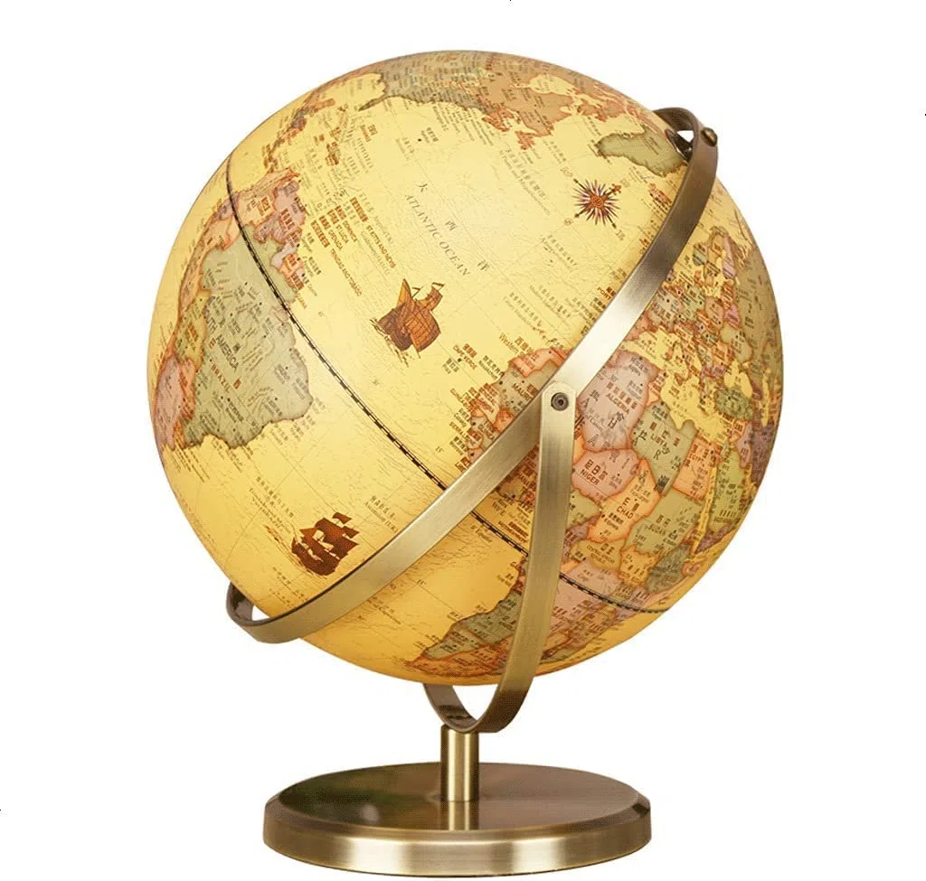 SYALEO Mappamondo Mappamondo Illuminato con Supporto in Metallo Dorato Diametro 12,5 '' Decorativo Mappamondo geografico Antico in Stile Oceano per la casa e L'Ufficio World Globe