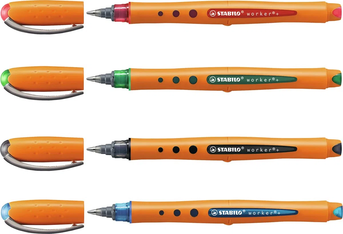 STABILO worker+ medium - Penna Roller - Tratto 0,5 mm - Astuccio da 4 - Blu/Nero/Rosso/Verde